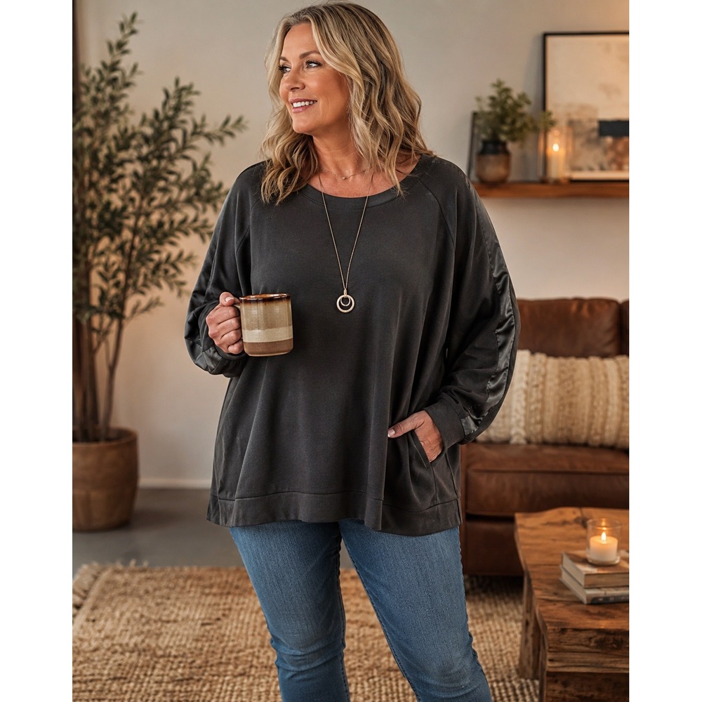 Thread for Thought Womens 2X Blackn Sweatshirt Satin Stripe Detail Long Sleeve